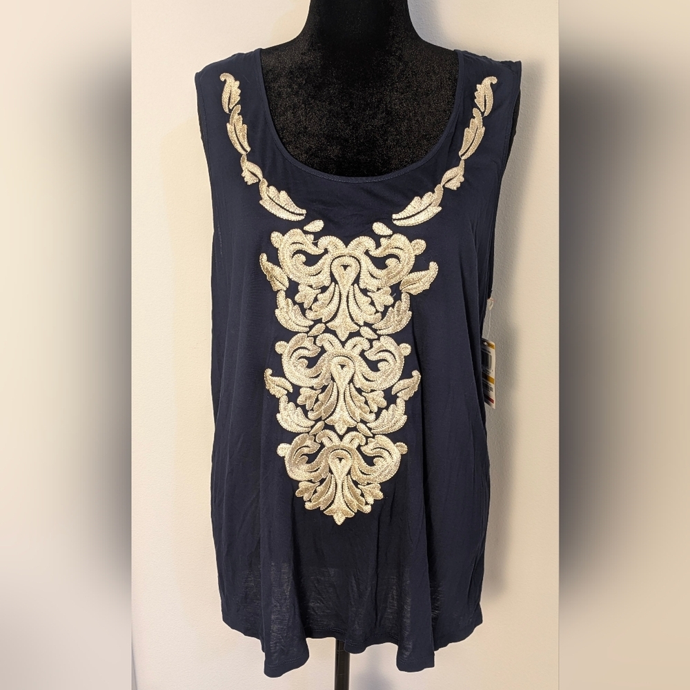 Inc Women's Embroidered plus size Sleeveless top Blue Gold Z 3X Rayon Boho NEW